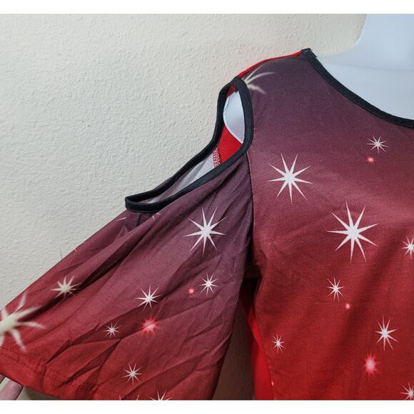 Fashion Red Christmas Tree With Stars Printed Cold Shoulder Top Large Soft Flowy - Picture 2 of 7